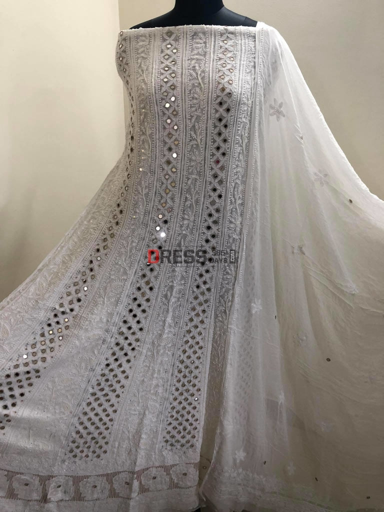 Ivory White Mirror & Pearl Chikankari Anarkali