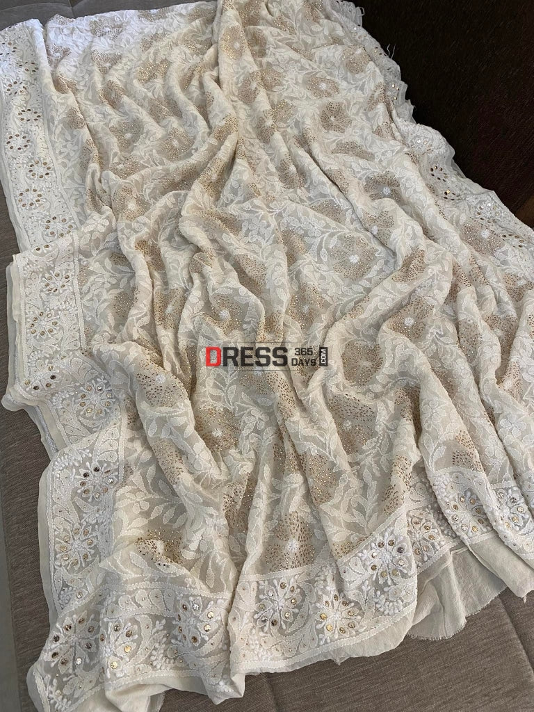 Ivory White Mukaish Chikankari Dupatta