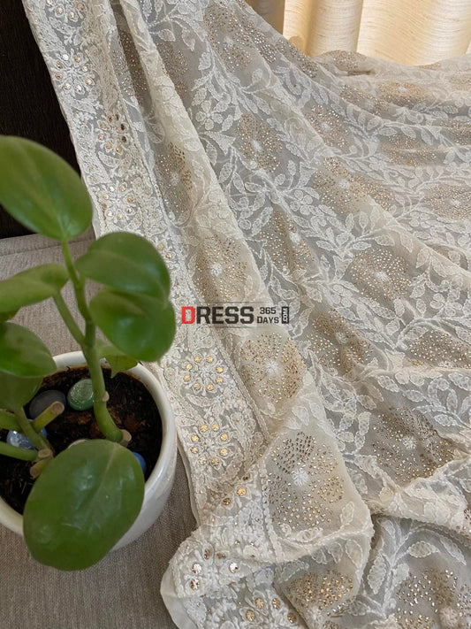 Ivory White Mukaish Chikankari Dupatta