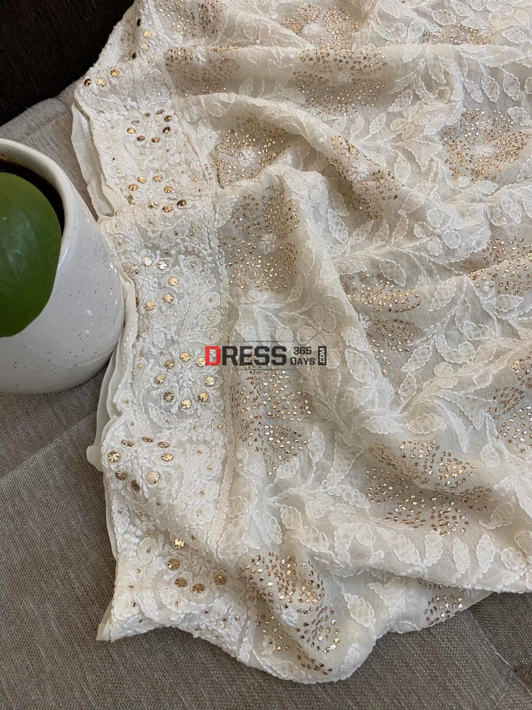 Ivory White Mukaish Chikankari Dupatta