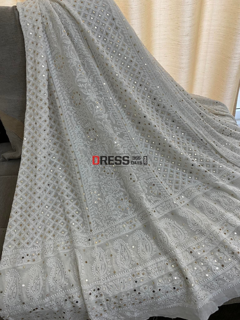 Ivory White Mukaish Chikankari Lehenga Skirt (Only Skirt)