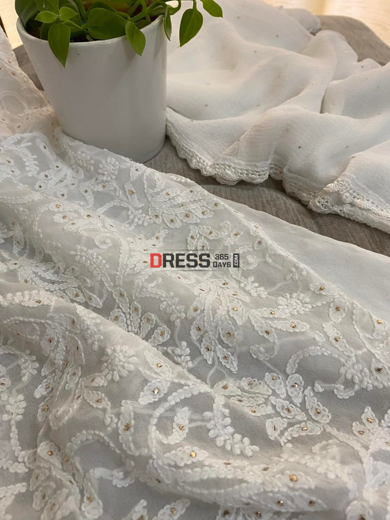 Ivory White Mukaish Neckline Chikankari Kurta Dupatta Suits