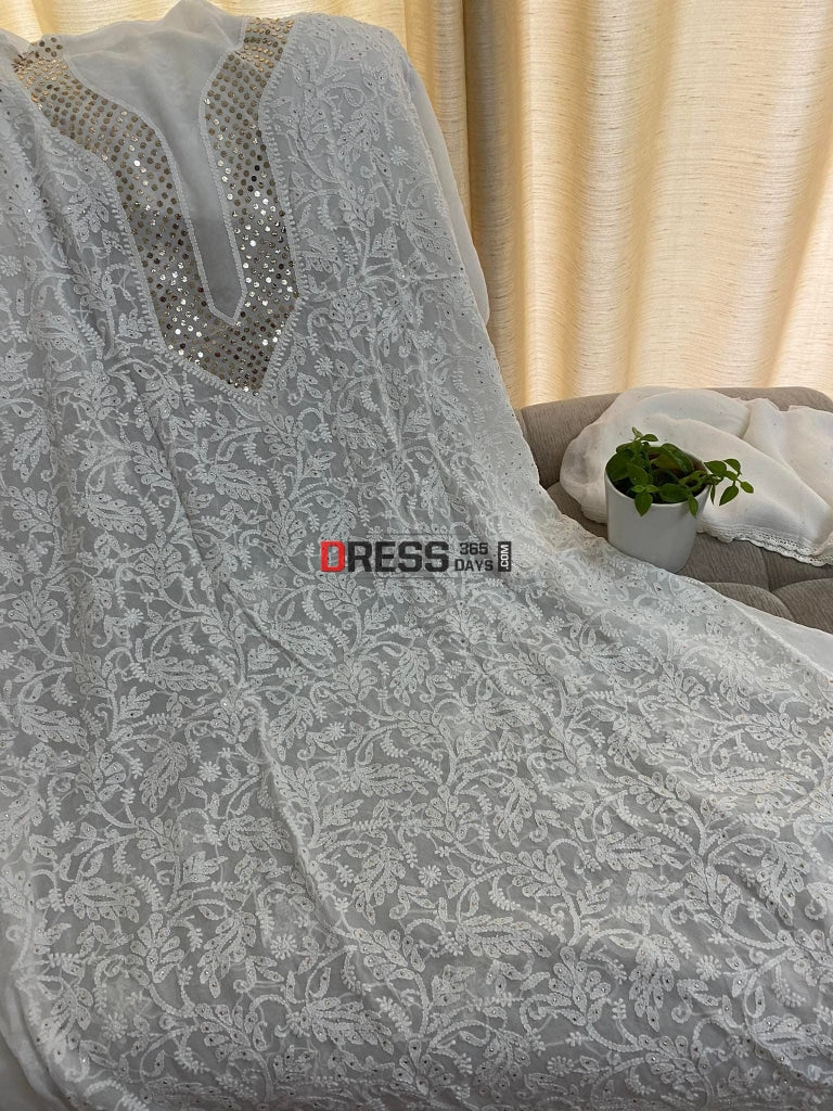Ivory White Mukaish Neckline Chikankari Kurta Dupatta Suits