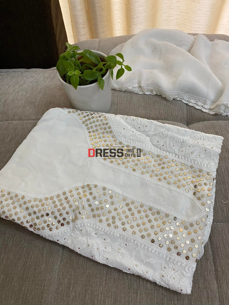 Ivory White Mukaish Neckline Chikankari Kurta Dupatta Suits