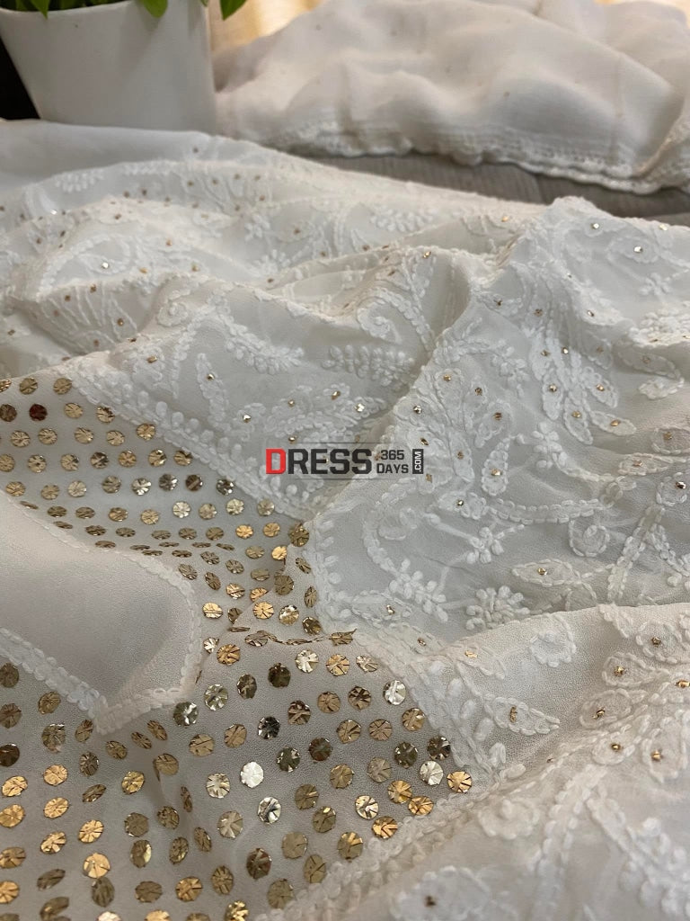 Ivory White Mukaish Neckline Chikankari Kurta Dupatta Suits