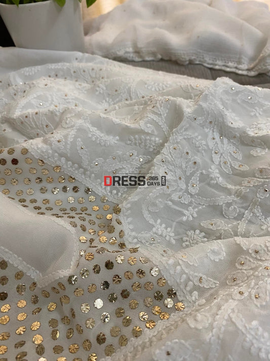 Ivory White Mukaish Neckline Chikankari Kurta Dupatta Suits