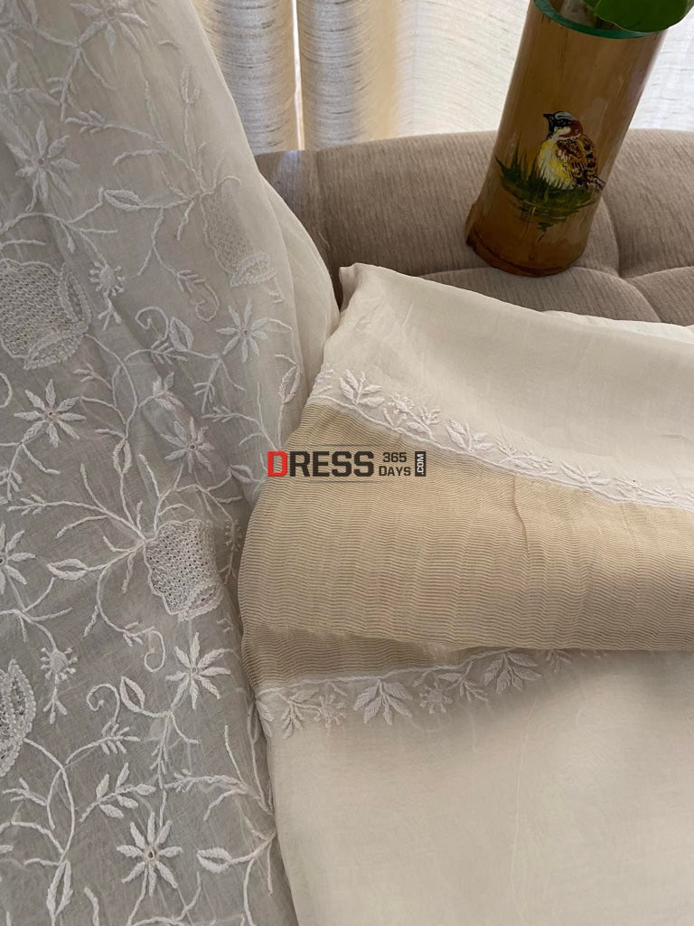 Ivory White Mul Chanderi Chikankari Suit (Hand Jaali) Suits