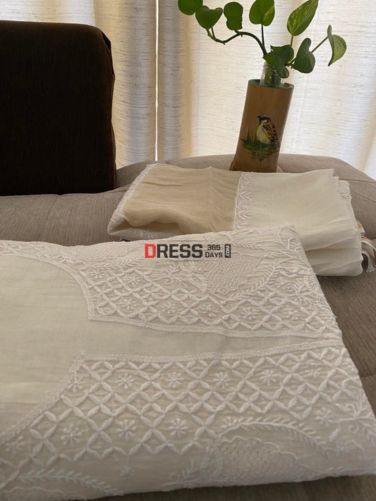 Ivory White Mul Chanderi Chikankari Suit (Hand Jaali) Suits