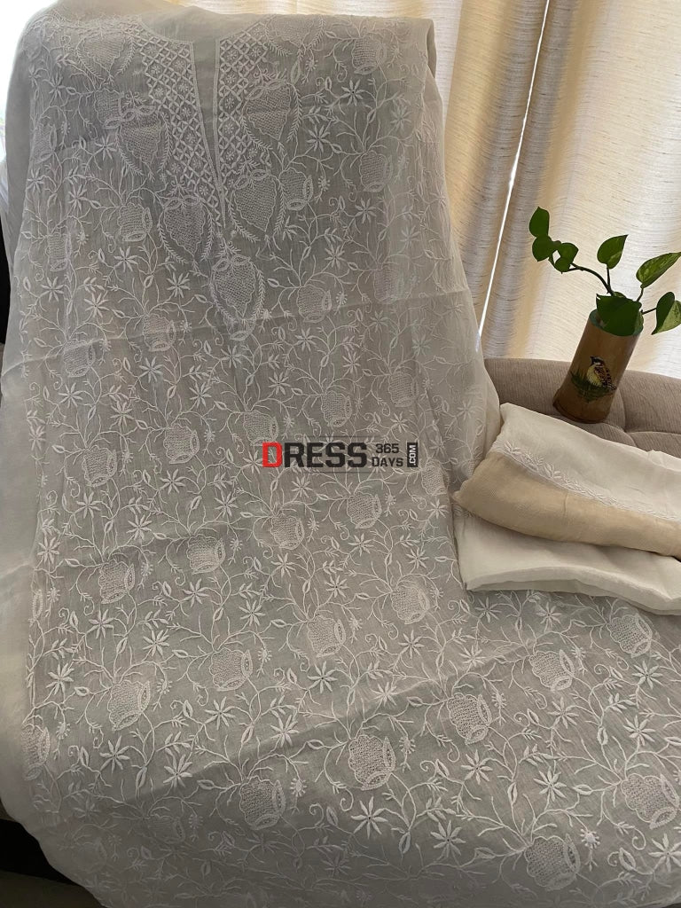 Ivory White Mul Chanderi Chikankari Suit (Hand Jaali) Suits