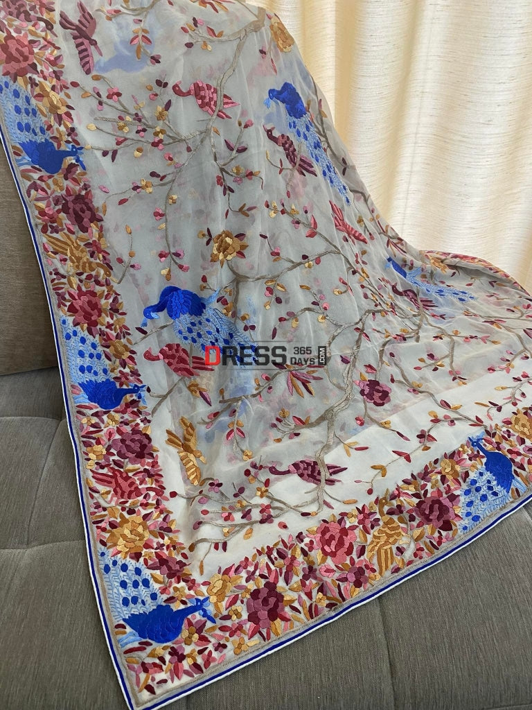 Ivory White Multicolour Parsi Gara Dupatta