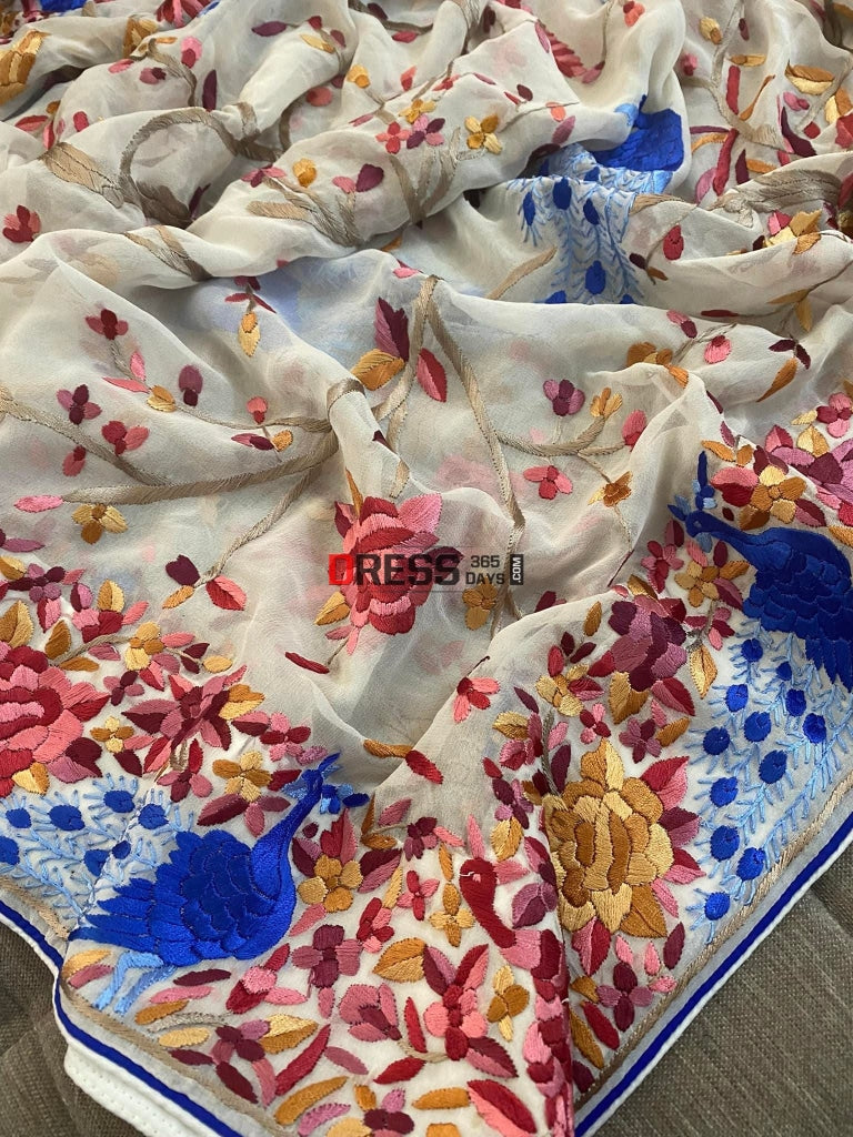 Ivory White Multicolour Parsi Gara Dupatta