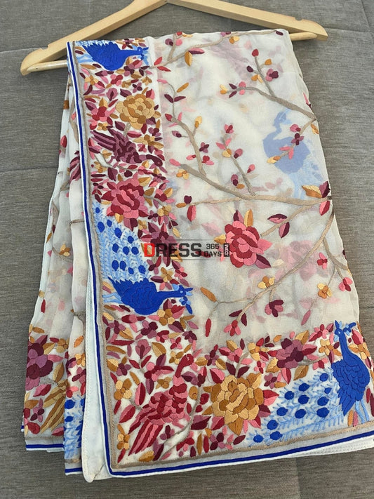 Ivory White Multicolour Parsi Gara Dupatta