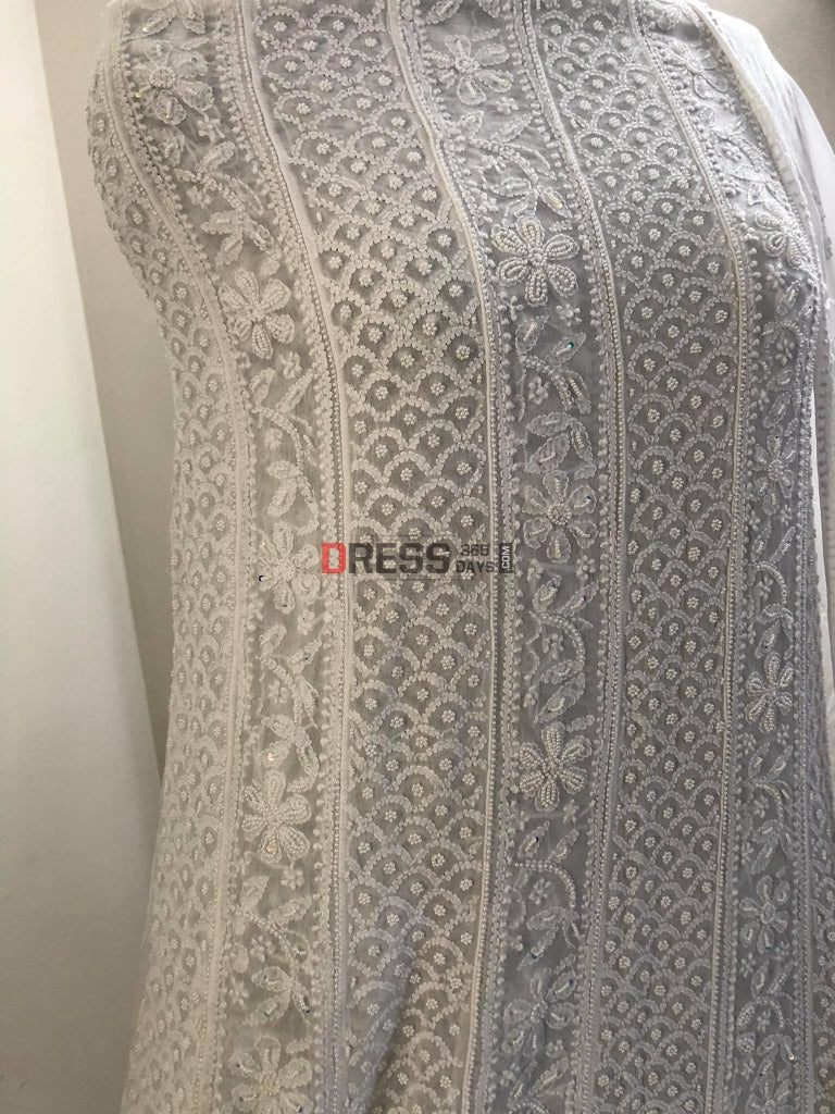 Ivory White Pearl & Chikankari Embroidery Anarkali Suit
