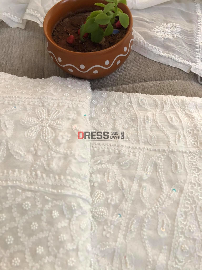 Ivory White Pearl & Chikankari Embroidery Anarkali Suit
