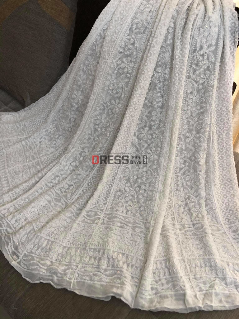 Ivory White Pearl & Chikankari Embroidery Anarkali Suit