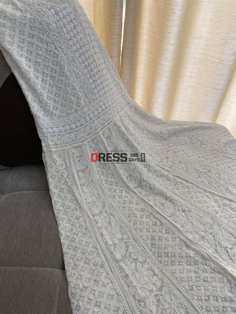 Ivory White Pearl Lucknowi Anarkali Suit (Yoke Style) Chikankari