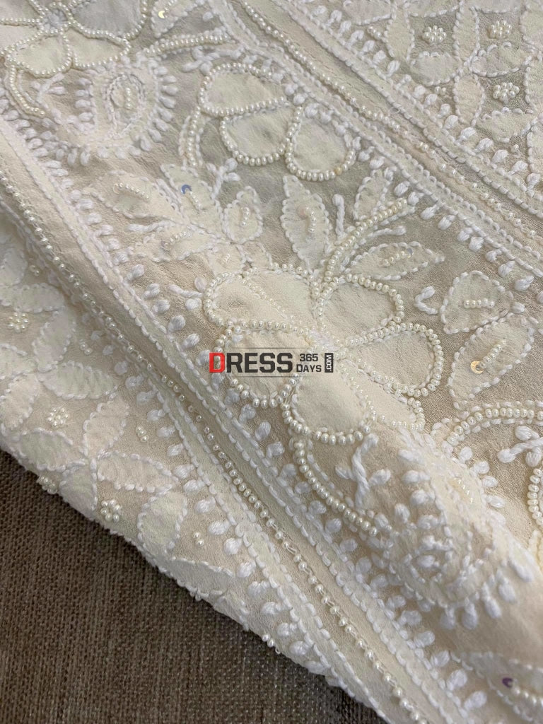 Ivory White Pearl Lucknowi Anarkali Suit (Yoke Style) Chikankari