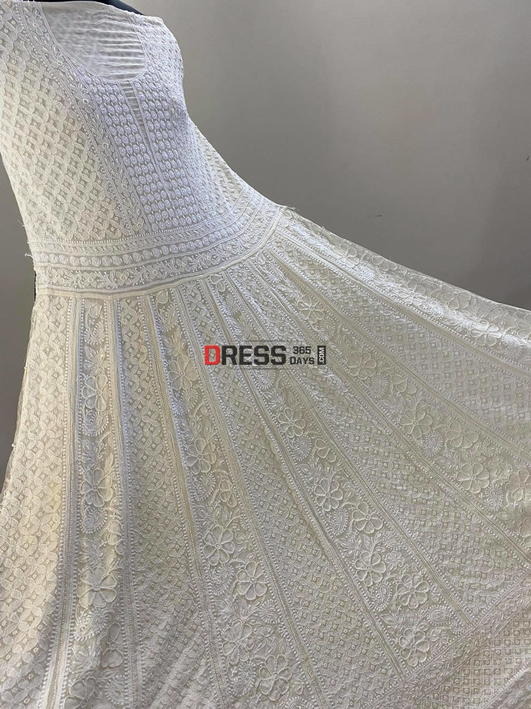 Ivory White Pearl Lucknowi Anarkali Suit (Yoke Style) Chikankari