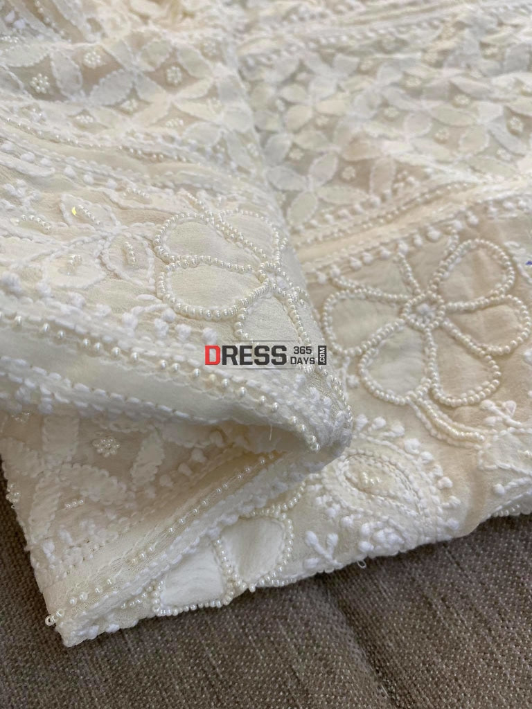 Ivory White Pearl Lucknowi Anarkali Suit (Yoke Style) Chikankari