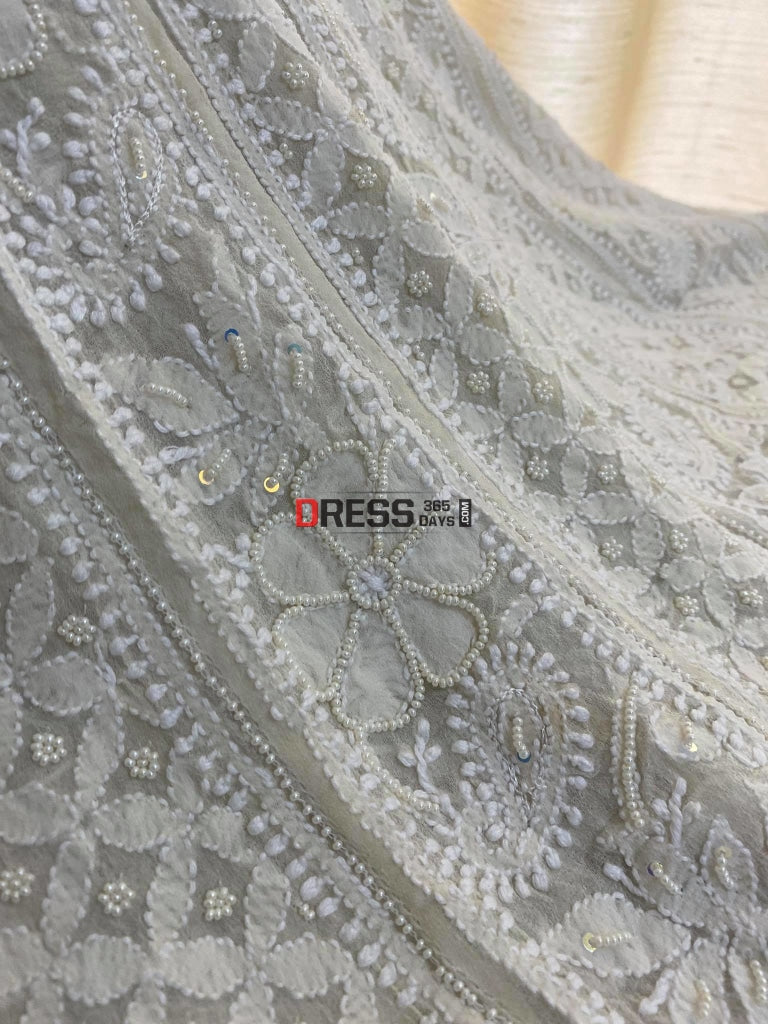 Ivory White Pearl Lucknowi Anarkali Suit (Yoke Style) Chikankari