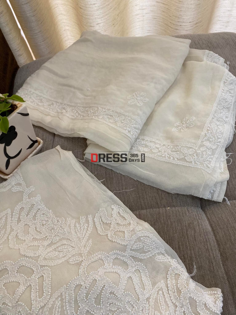 Ivory White Pearl Lucknowi Chikan Work Suit Chikankari Suits