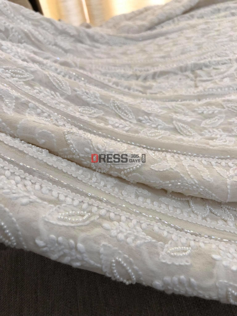 Ivory White Pearl Lucknowi Chikankari Anarkali Suit
