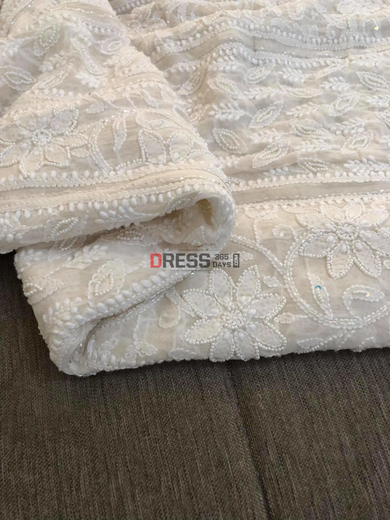 Ivory White Pearl Lucknowi Chikankari Anarkali Suit