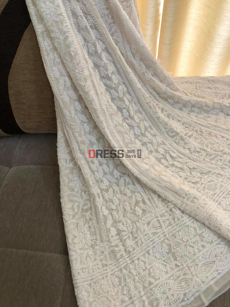 Ivory White Pearl Lucknowi Chikankari Anarkali Suit