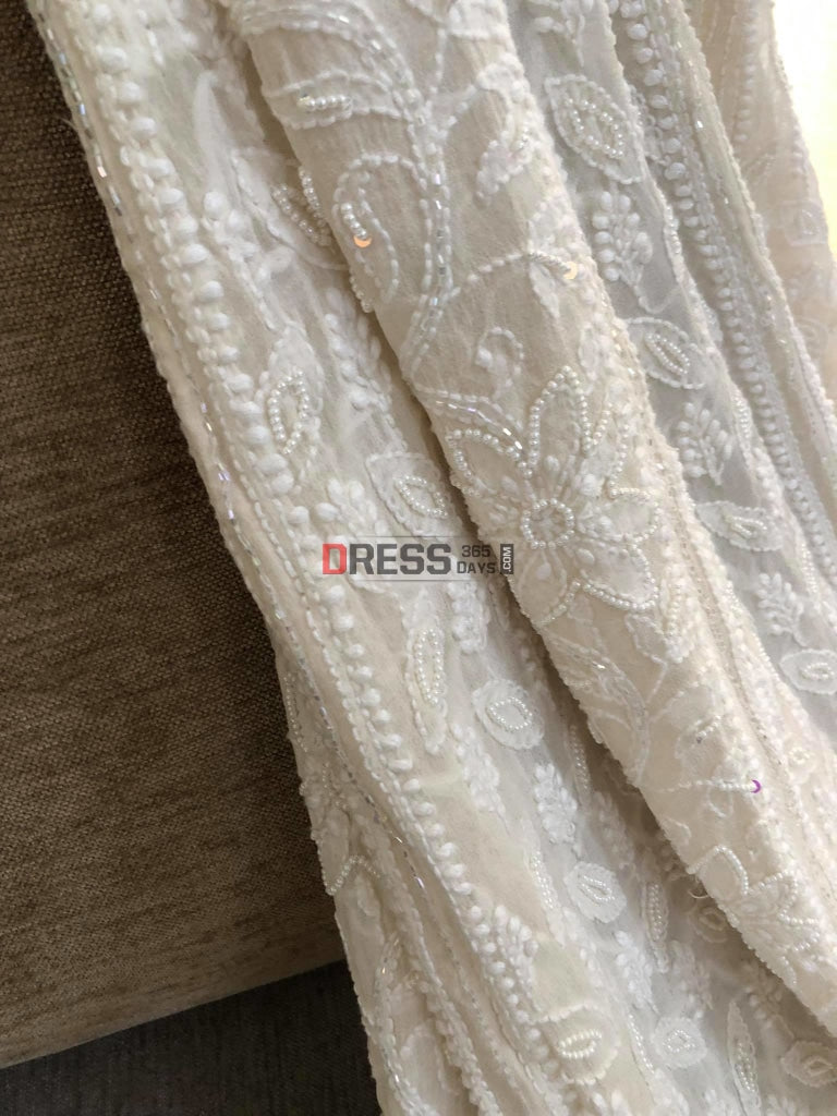 Ivory White Pearl Lucknowi Chikankari Anarkali Suit