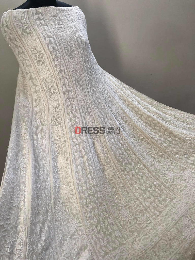 Ivory White Pearl Lucknowi Chikankari Anarkali Suit