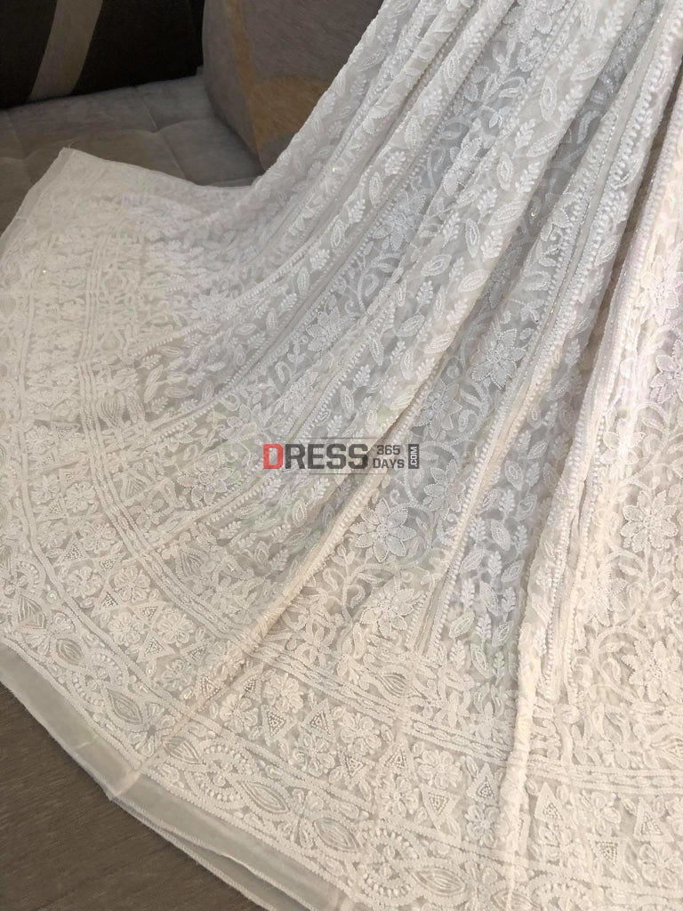Ivory White Pearl Lucknowi Chikankari Anarkali Suit