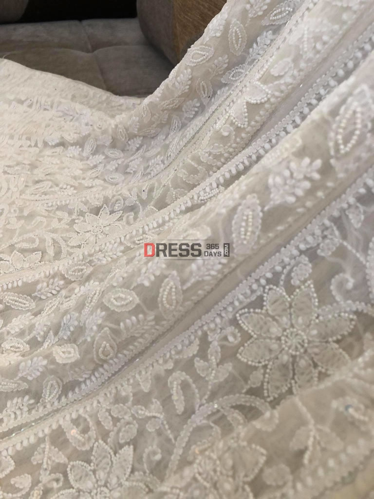 Ivory White Pearl Lucknowi Chikankari Anarkali Suit