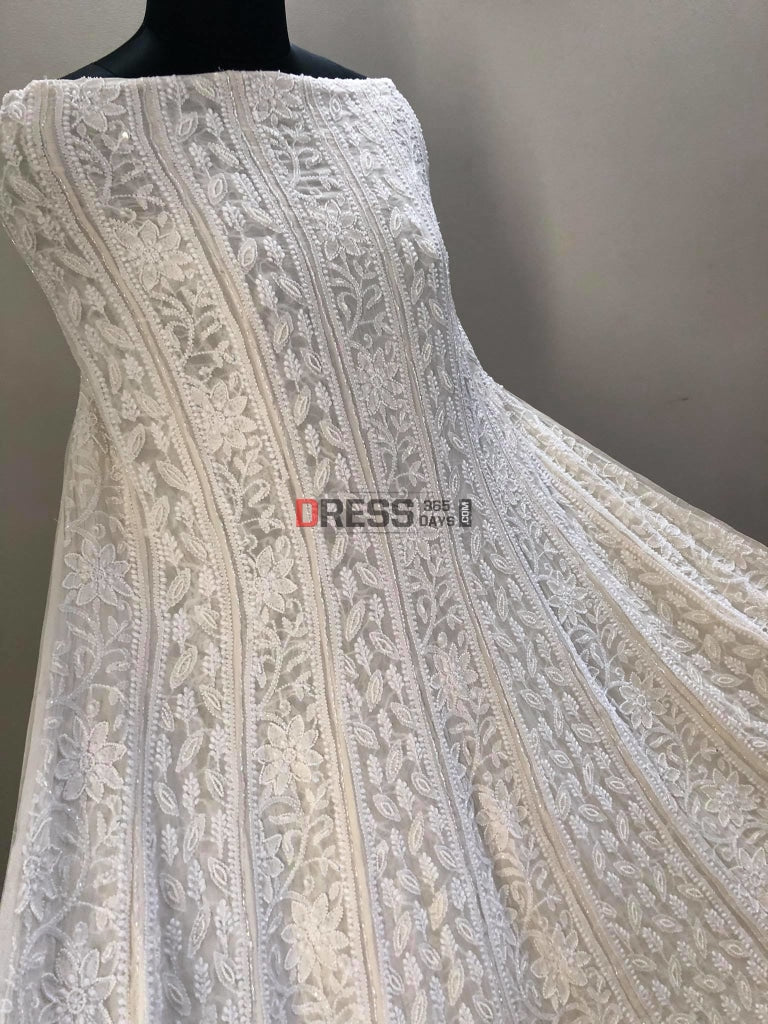 Ivory White Pearl Lucknowi Chikankari Anarkali Suit