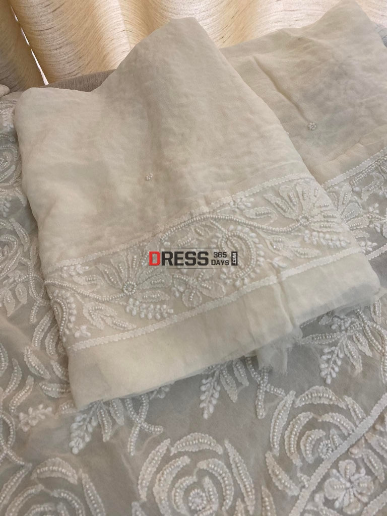 Ivory White Pearl Lucknowi Chikankari Work Suit Suits