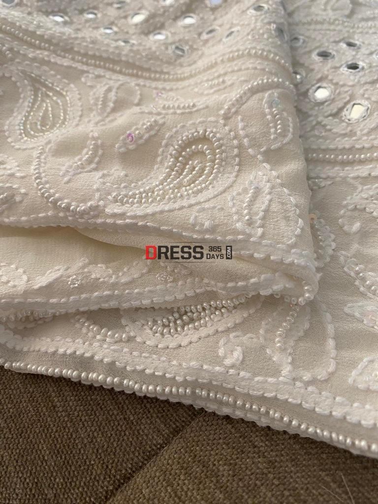 Ivory White Pearl & Mirror Chikankari Suit Suits
