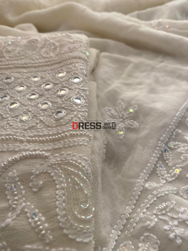 Ivory White Pearl & Mirror Chikankari Suit Suits