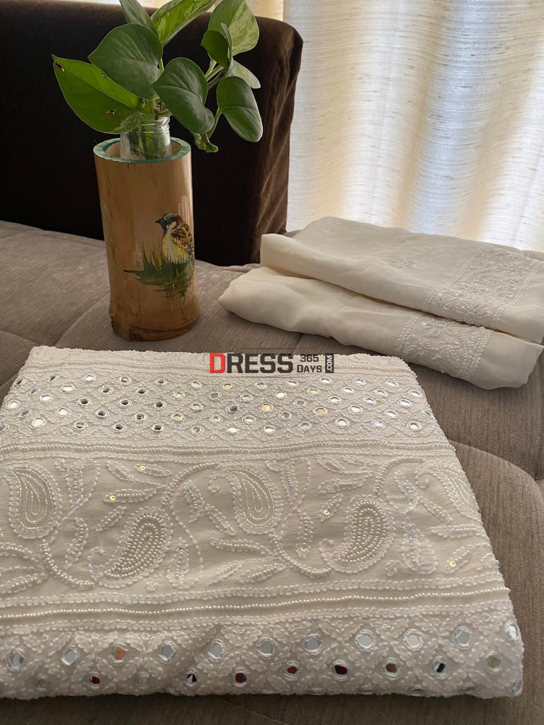 Ivory White Pearl & Mirror Chikankari Suit Suits