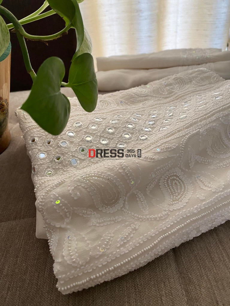 Ivory White Pearl & Mirror Chikankari Suit Suits