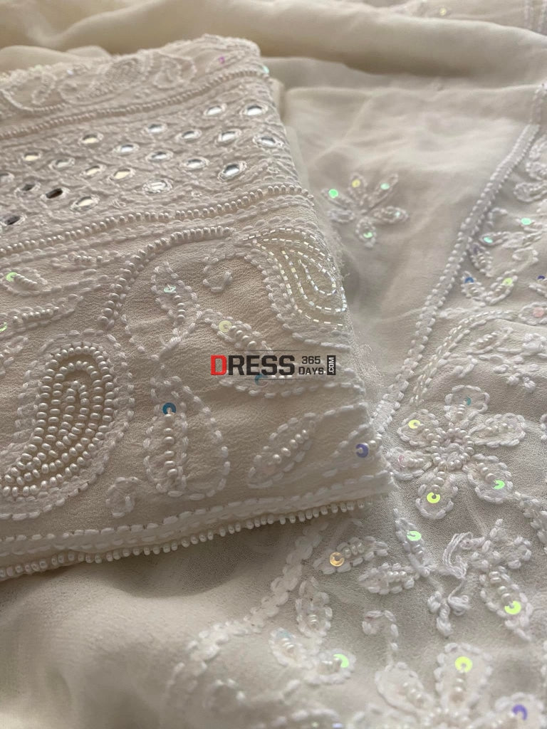 Ivory White Pearl & Mirror Chikankari Suit Suits