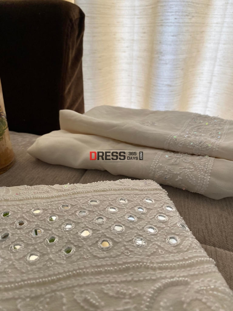 Ivory White Pearl & Mirror Chikankari Suit Suits