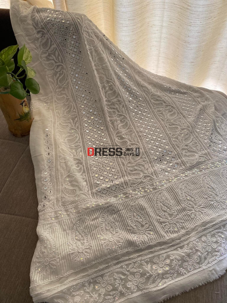 Ivory White Pearl & Mirror Chikankari Suit Suits