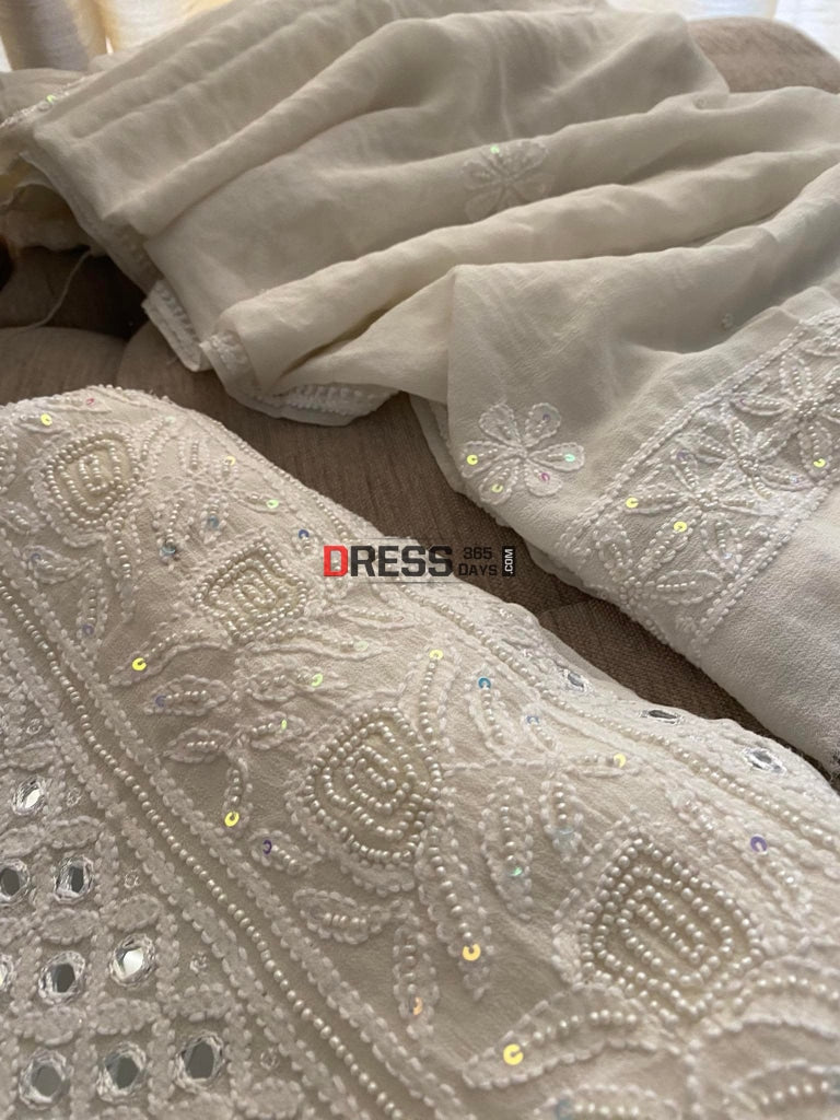 Ivory White Pearl & Mirror Lucknowi Chikankari Suit Suits