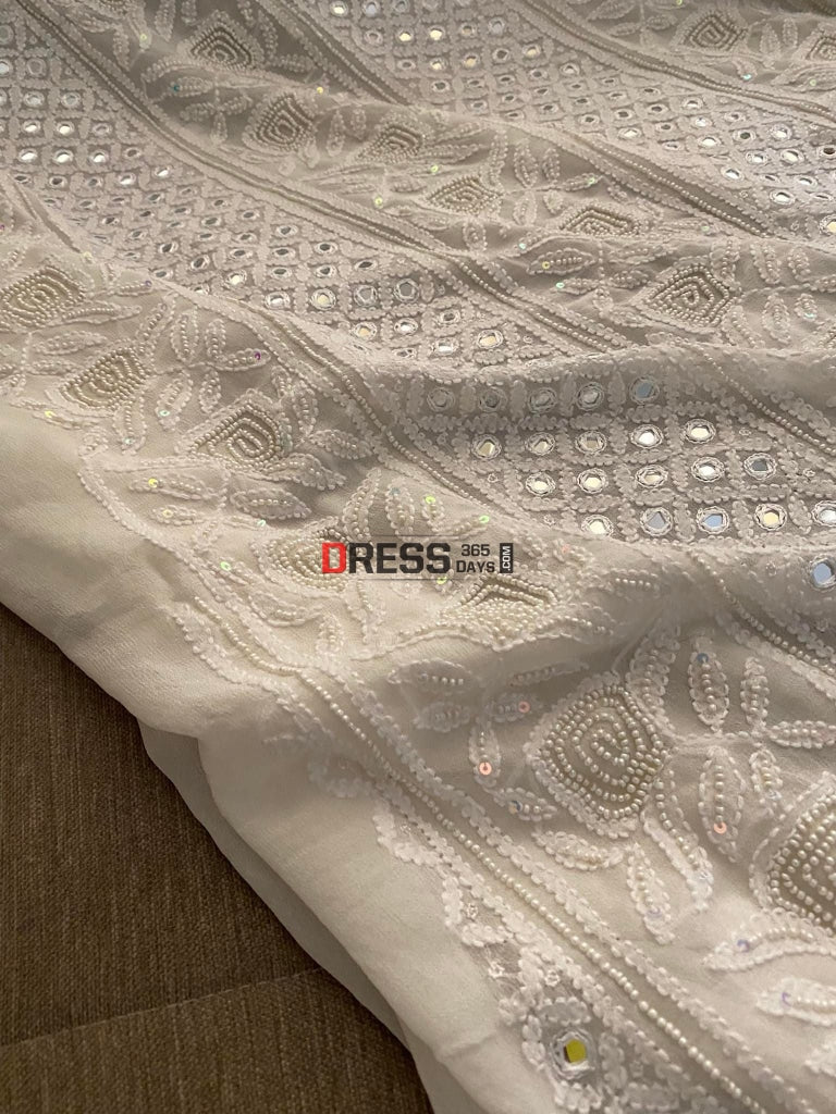 Ivory White Pearl & Mirror Lucknowi Chikankari Suit Suits