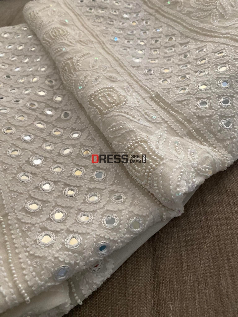 Ivory White Pearl & Mirror Lucknowi Chikankari Suit Suits