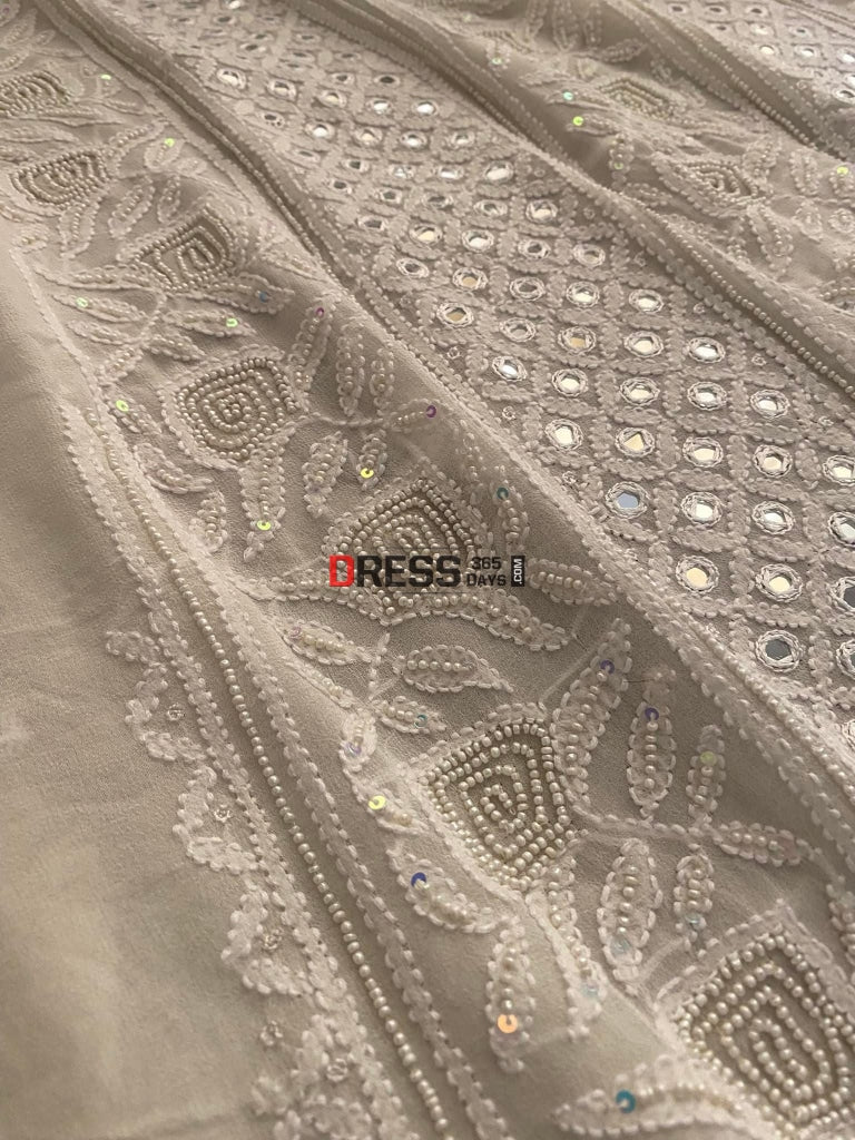 Ivory White Pearl & Mirror Lucknowi Chikankari Suit Suits