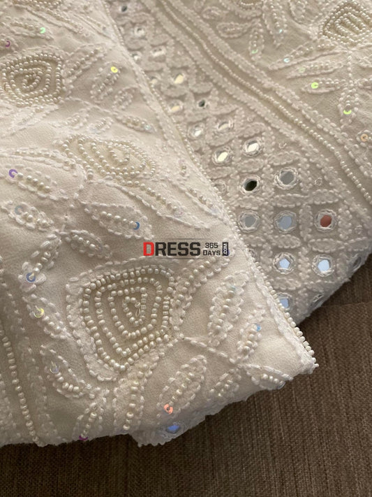 Ivory White Pearl & Mirror Lucknowi Chikankari Suit Suits