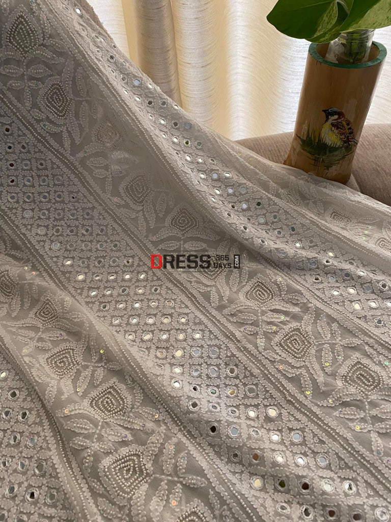 Ivory White Pearl & Mirror Lucknowi Chikankari Suit Suits