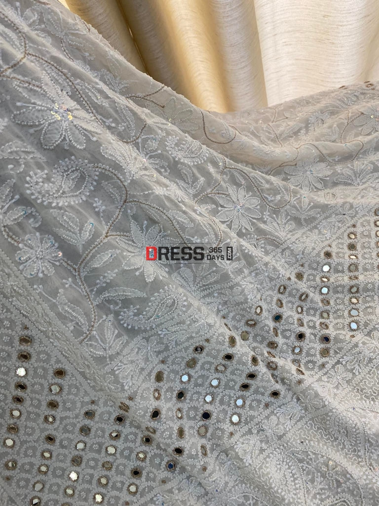 Ivory White Pearl & Mirror Work Lucknowi Dupatta Chikankari