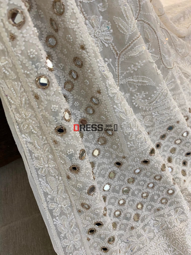 Ivory White Pearl & Mirror Work Lucknowi Dupatta Chikankari