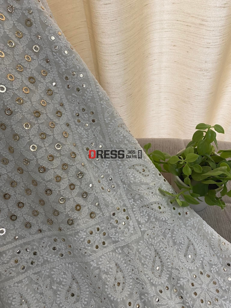 Ivory White Ring Mukaish Lucknowi Dupatta Chikankari